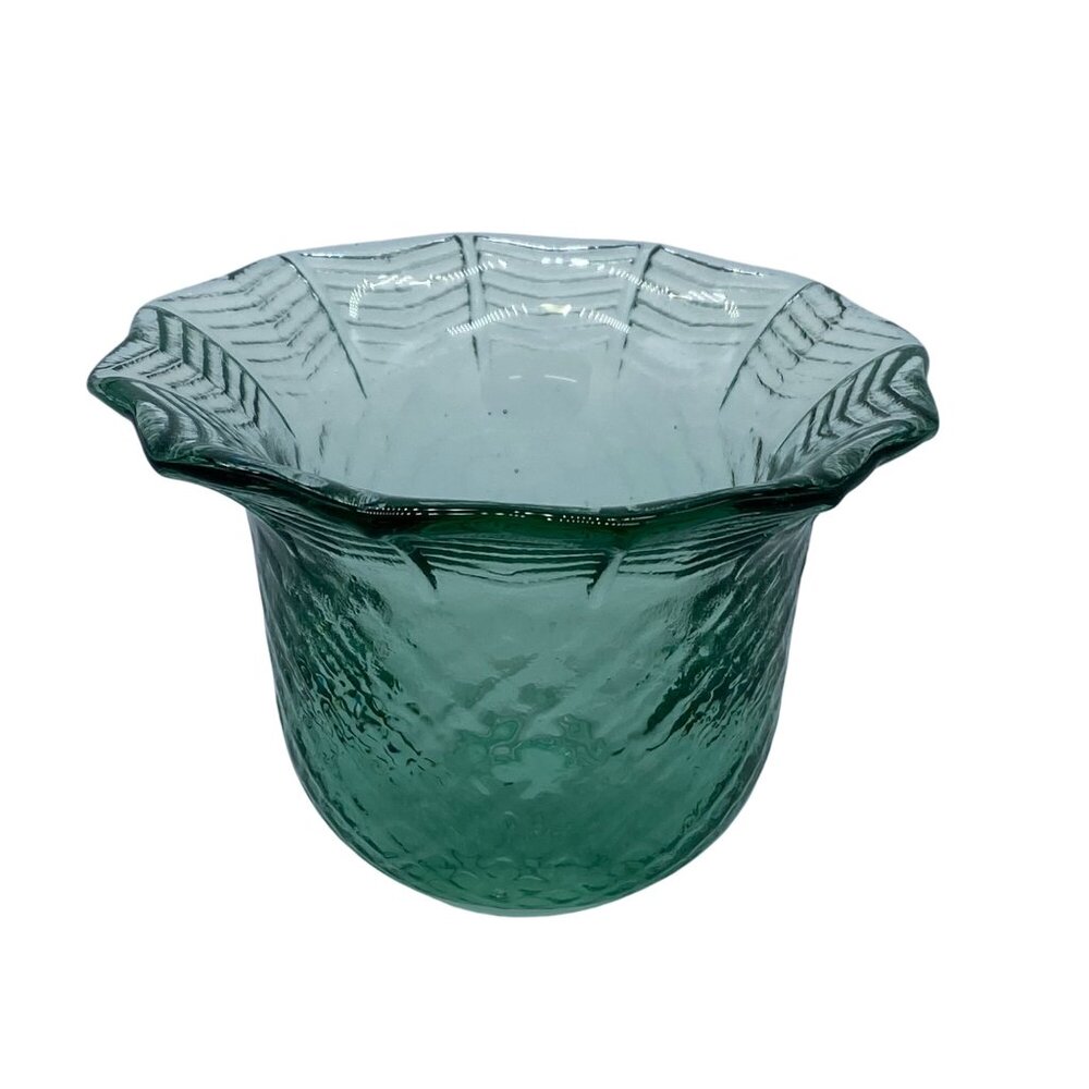 Recycled Green Textured Glass Candle Holder With Scalloped Rim